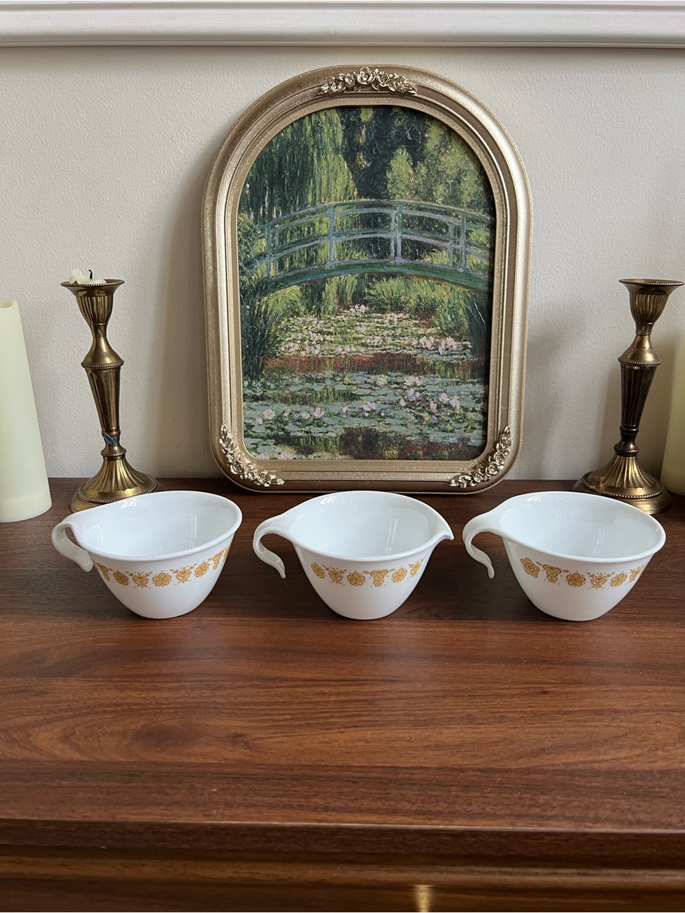 1970s Corelle Butterfly Gold Milk Glass Set of 3, 6 oz White/Gold